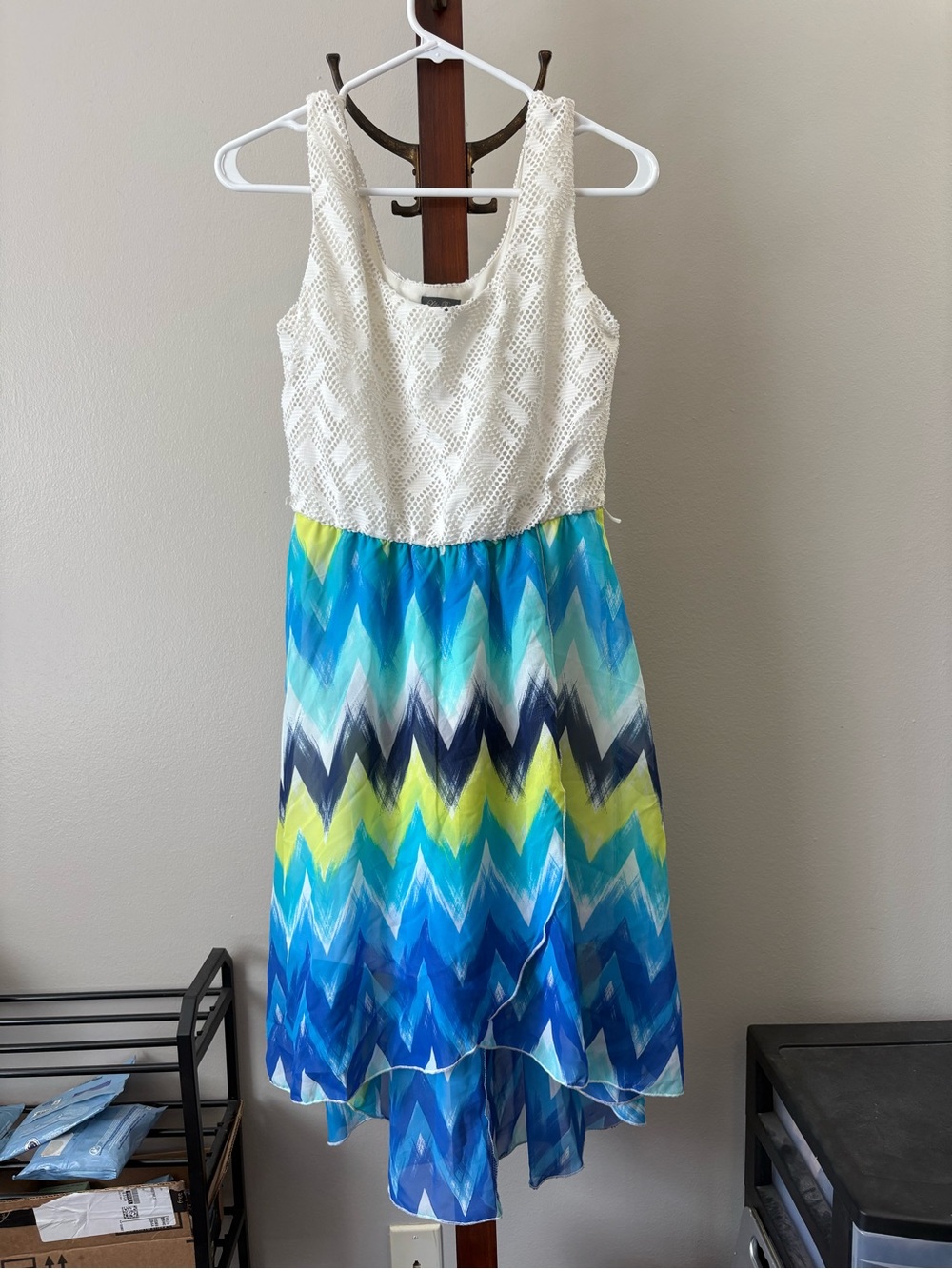 Lily Rose White Crochet Top with Blue, Teal & Yellow Chevron Skirt
